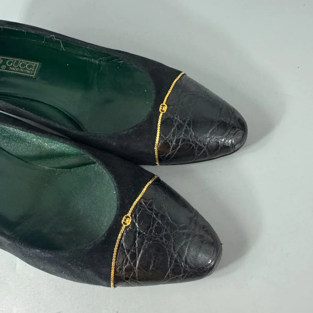 Authentic Gucci 70's-80's Black Suede/Leather w/ Micro GG Logo Pumps, Size 38.5 - Picture 11 of 14